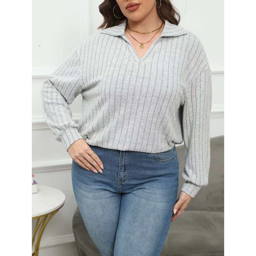 Plus Size Ribbed Knit Polo Collar T-Shirt Light Gray / 0XL Apparel and Accessories