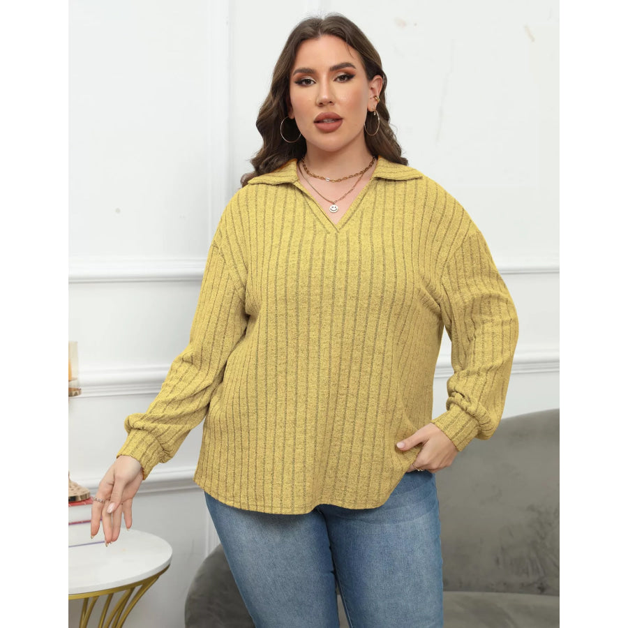 Plus Size Ribbed Knit Polo Collar T-Shirt Mustard / 0XL Apparel and Accessories