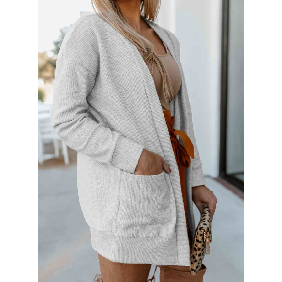 Plus Size Ribbed Open Front Long Sleeve Cardigan with Pockets