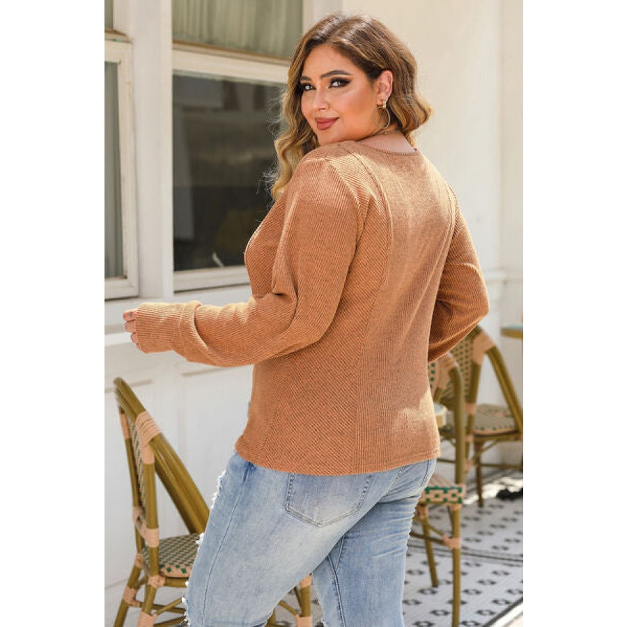 Plus Size Ribbed Scoop Neck Long Sleeve T-Shirt Clothing