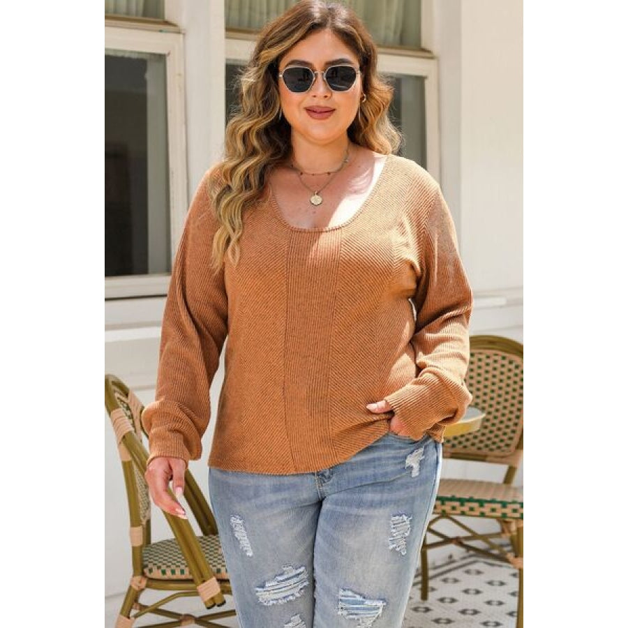 Plus Size Ribbed Scoop Neck Long Sleeve T-Shirt Clothing