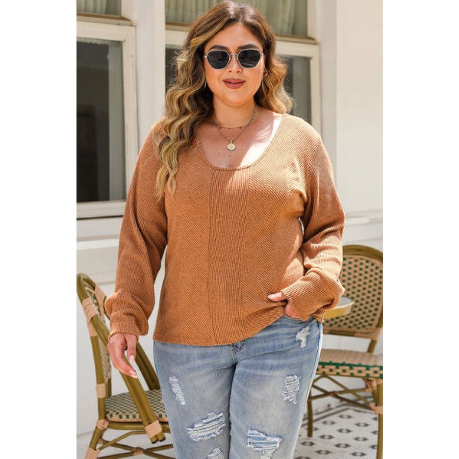 Plus Size Ribbed Scoop Neck Long Sleeve T-Shirt Ochre / 1XL Clothing