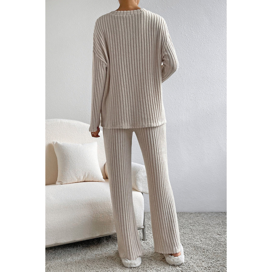 Plus Size Ribbed V-Neck Drop Shoulder Top and Pants Set Tan / 1XL Apparel and Accessories