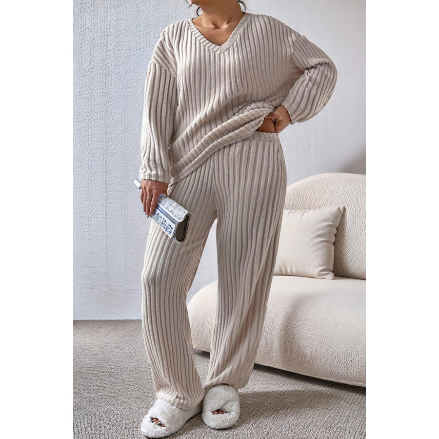 Plus Size Ribbed V-Neck Drop Shoulder Top and Pants Set Apparel and Accessories