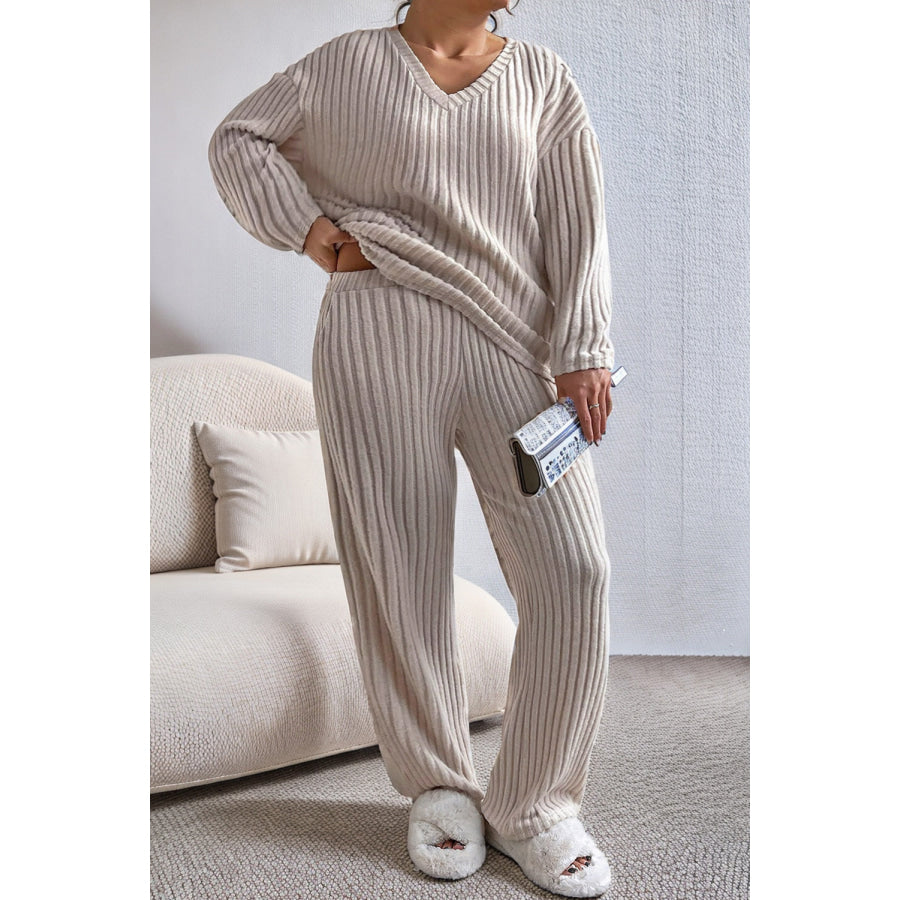 Plus Size Ribbed V-Neck Drop Shoulder Top and Pants Set Tan / 1XL Apparel and Accessories