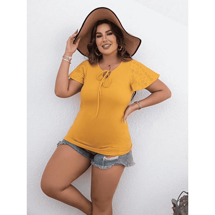 Plus Size Round Neck Blouse with Tie Mustard / 1XL