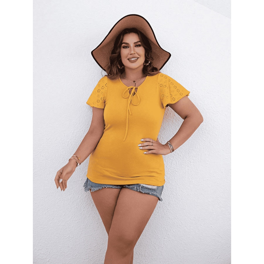 Plus Size Round Neck Blouse with Tie