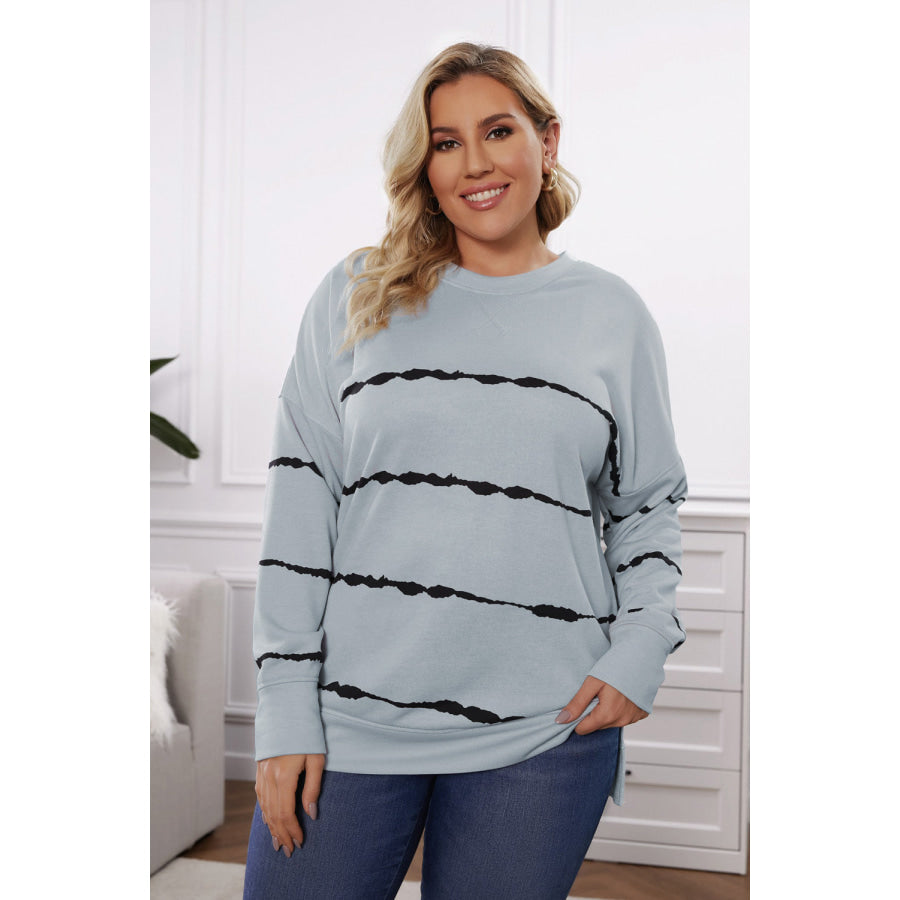 Plus Size Round Neck Dropped Shoulder Sweatshirt Light Gray / 1X Apparel and Accessories