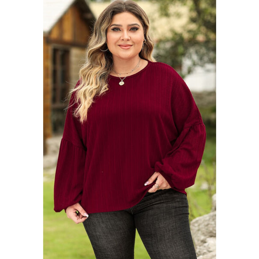 Plus Size Round Neck Dropped Shoulder T-Shirt Wine / 1XL Clothing