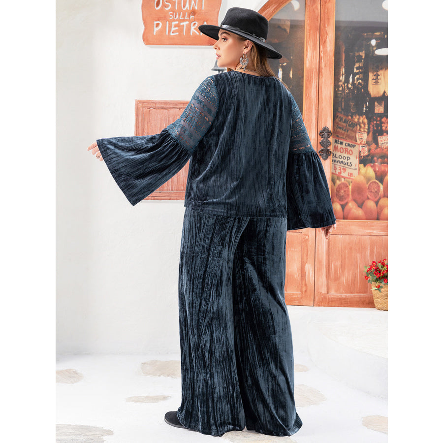 Plus Size Round Neck Flare Sleeve Top and Pants Set Peacock Blue / 0XL Apparel and Accessories