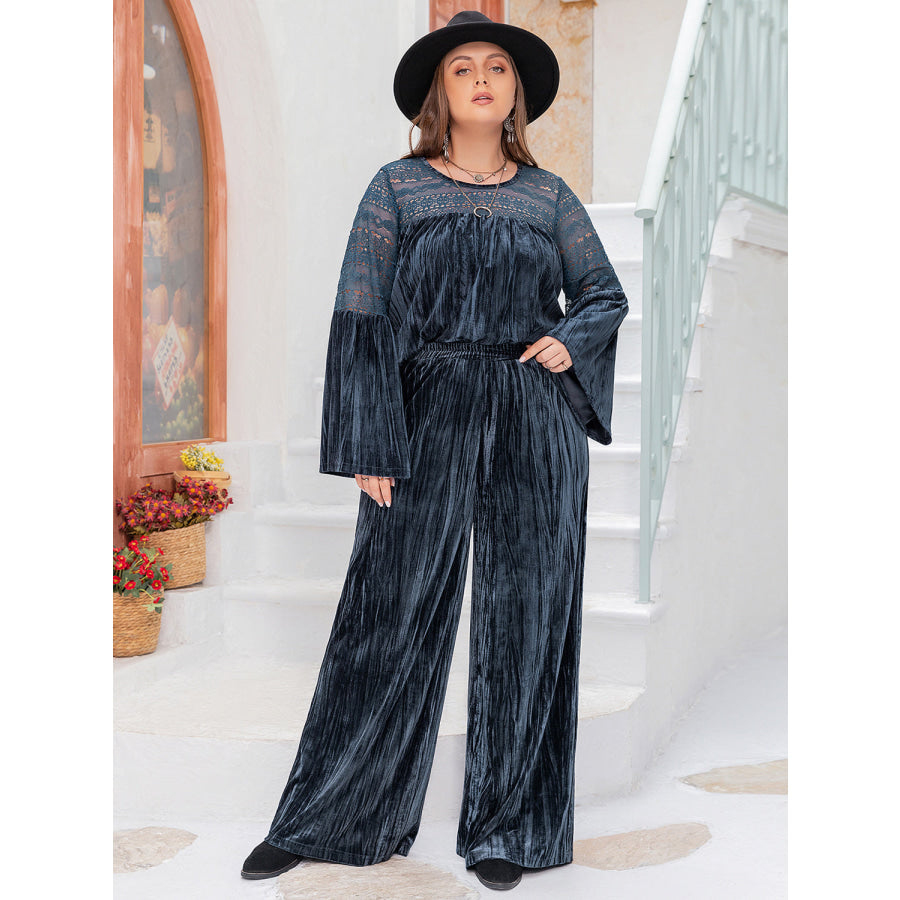 Plus Size Round Neck Flare Sleeve Top and Pants Set Peacock Blue / 0XL Apparel and Accessories