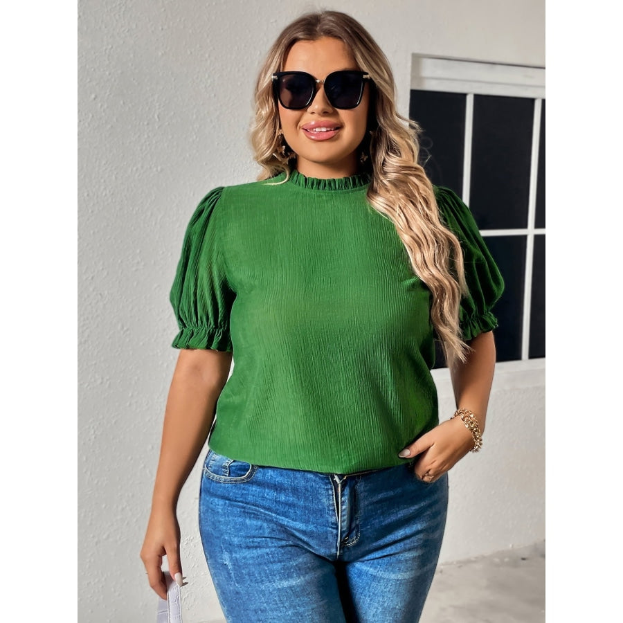 Plus Size Round Neck Flounce Sleeve Blouse Mid Green / 1XL