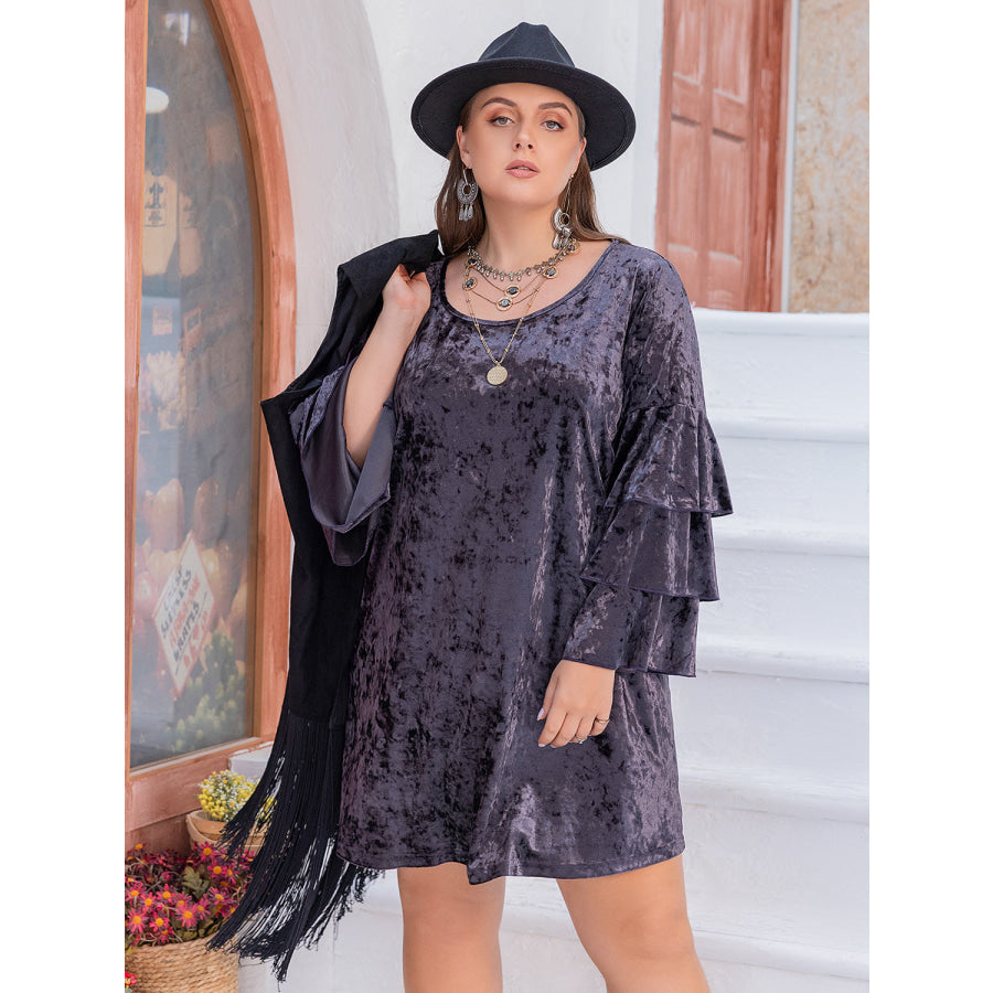 Plus Size Round Neck Flounce Sleeve Mini Dress Apparel and Accessories