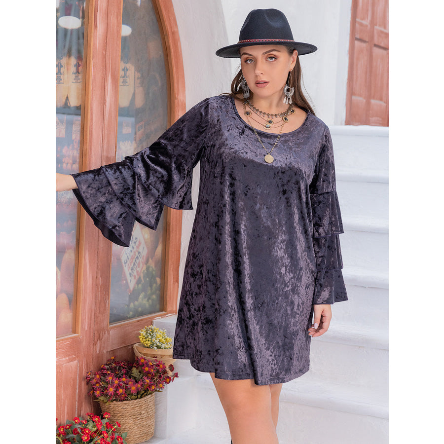 Plus Size Round Neck Flounce Sleeve Mini Dress Apparel and Accessories