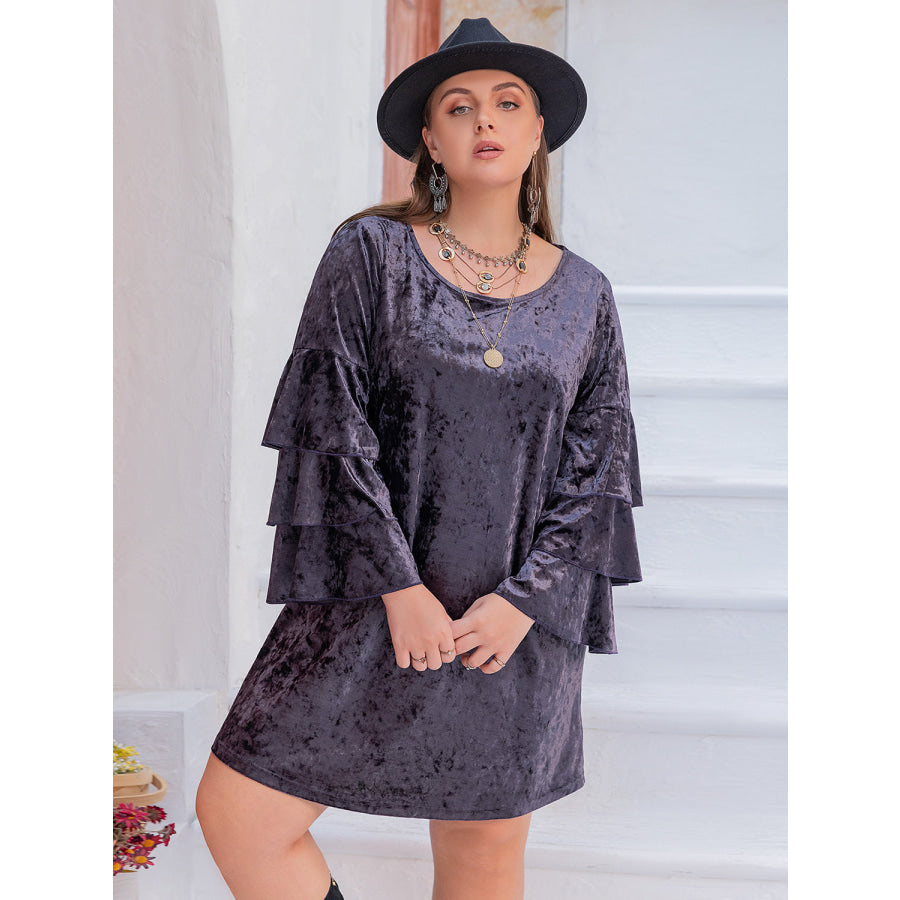 Plus Size Round Neck Flounce Sleeve Mini Dress Apparel and Accessories