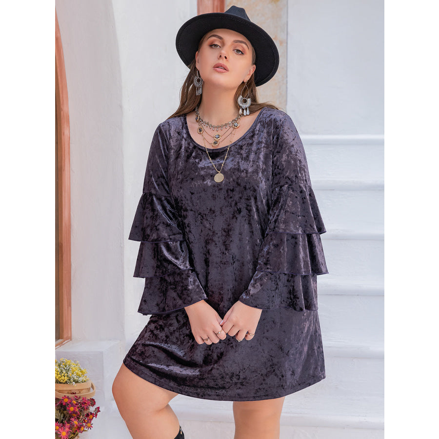 Plus Size Round Neck Flounce Sleeve Mini Dress Mauve / 0XL Apparel and Accessories