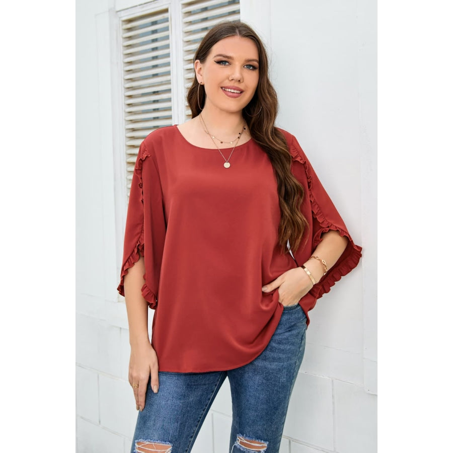 Plus Size Round Neck Frill Trim Blouse Red Orange / 1XL