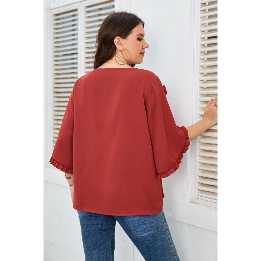 Plus Size Round Neck Frill Trim Blouse