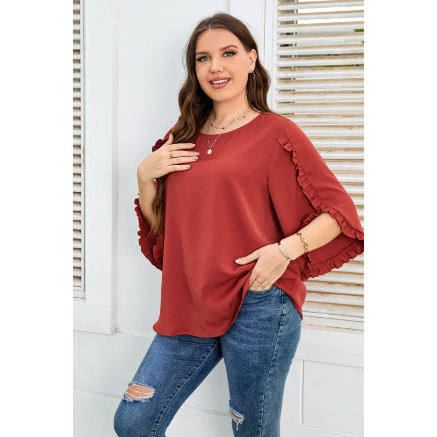 Plus Size Round Neck Frill Trim Blouse