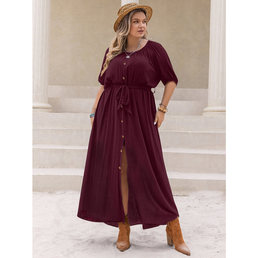 Plus Size Round Neck Half Sleeve Dress Burgundy / 0XL Apparel and Accessories