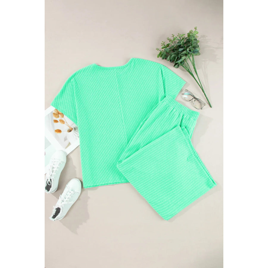 Plus Size Round Neck Half Sleeve Top and Tied Pants Set Apparel and Accessories