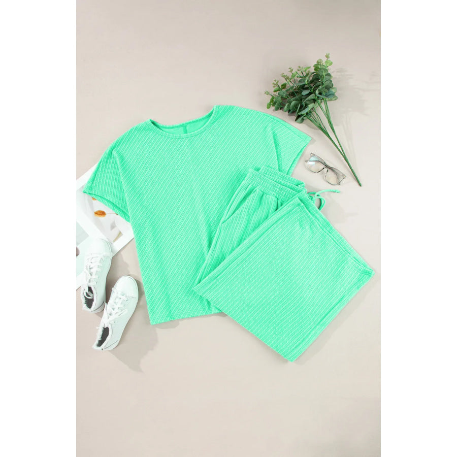 Plus Size Round Neck Half Sleeve Top and Tied Pants Set Neon Green / 1XL Apparel and Accessories