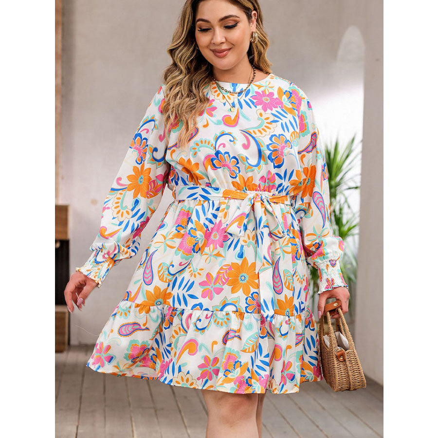 Plus Size Round Neck Lantern Sleeve Dress Multicolor / 1XL