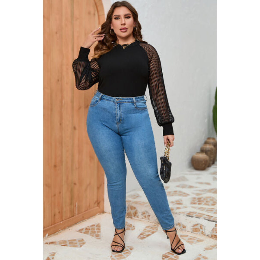 Plus Size Round Neck Long Sleeve Blouse Apparel and Accessories