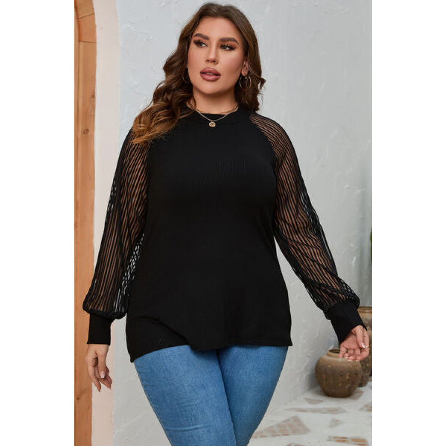 Plus Size Round Neck Long Sleeve Blouse Black / 1XL Apparel and Accessories