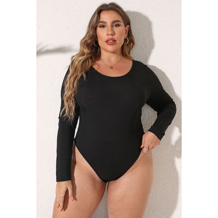 Plus Size Round Neck Long Sleeve Bodysuit Black / L Apparel and Accessories