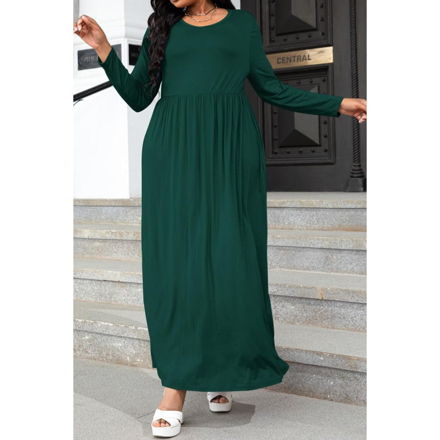 Plus Size Round Neck Long Sleeve Maxi Dress with Pockets