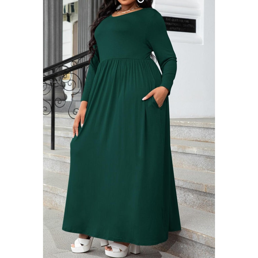 Plus Size Round Neck Long Sleeve Maxi Dress with Pockets