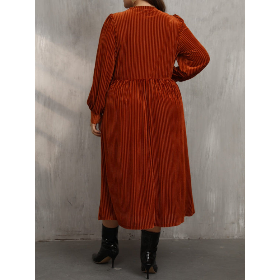 Plus Size Round Neck Long Sleeve Midi Dress Apparel and Accessories