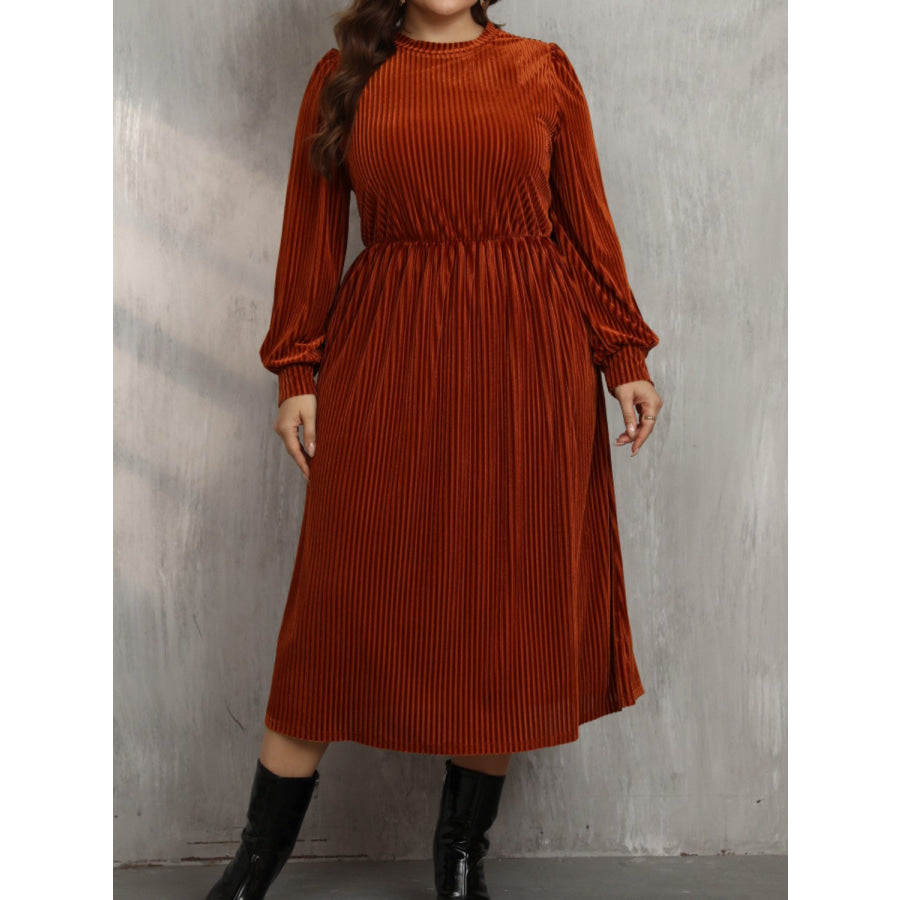 Plus Size Round Neck Long Sleeve Midi Dress Apparel and Accessories