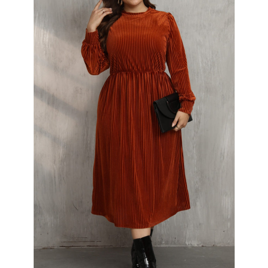 Plus Size Round Neck Long Sleeve Midi Dress Rust / 0XL Apparel and Accessories