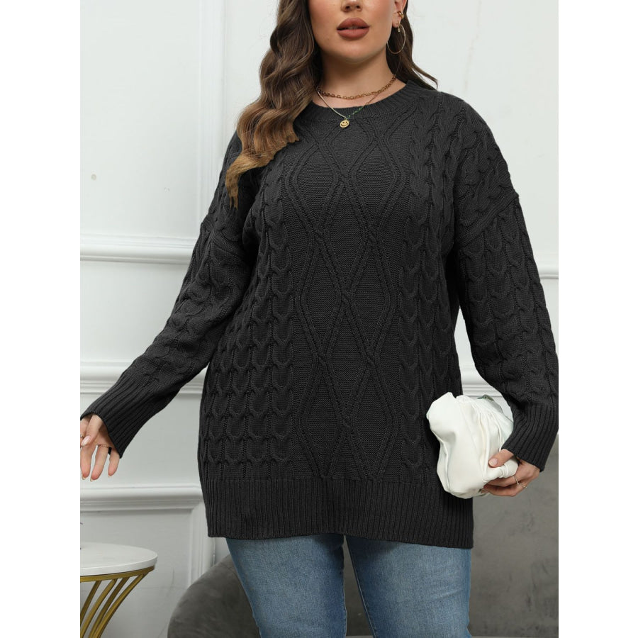 Plus Size Round Neck Long Sleeve Sweater Black / 0XL Apparel and Accessories