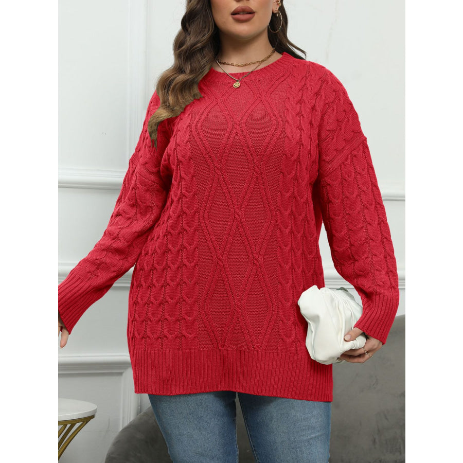 Plus Size Round Neck Long Sleeve Sweater Deep Red / 0XL Apparel and Accessories