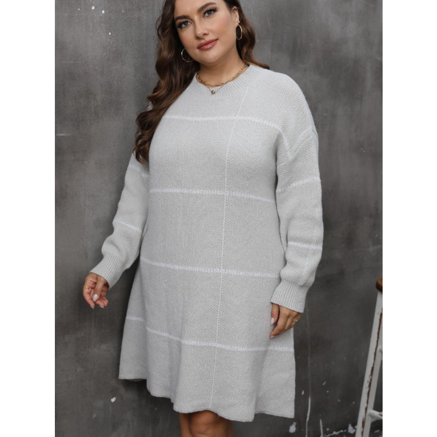 Plus Size Round Neck Long Sleeve Sweater Dress Apparel and Accessories