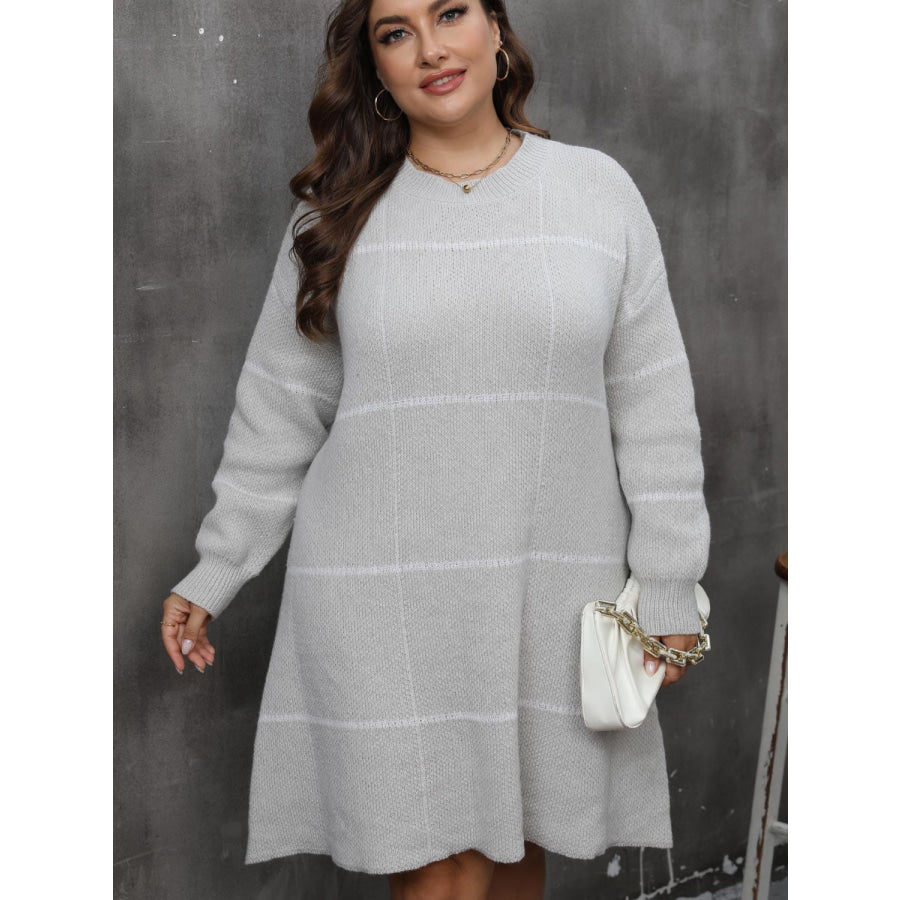 Plus Size Round Neck Long Sleeve Sweater Dress Apparel and Accessories