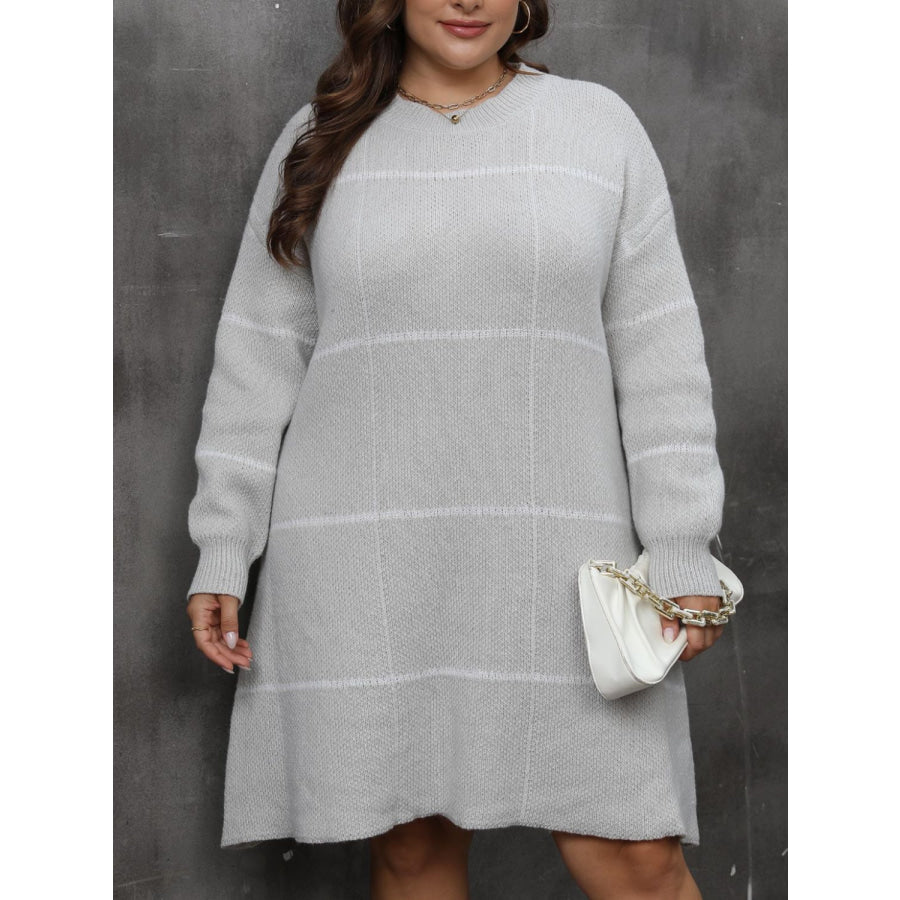 Plus Size Round Neck Long Sleeve Sweater Dress Gray / 0XL Apparel and Accessories