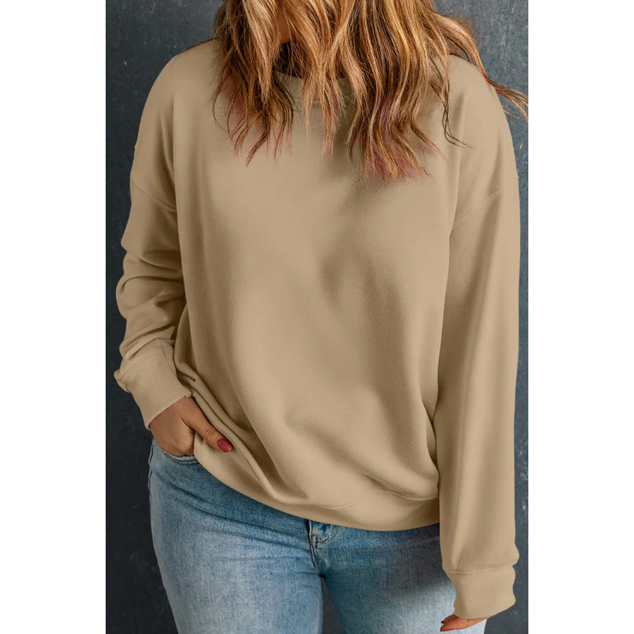 Plus Size Round Neck Long Sleeve Sweatshirt Camel / 1XL Apparel and Accessories