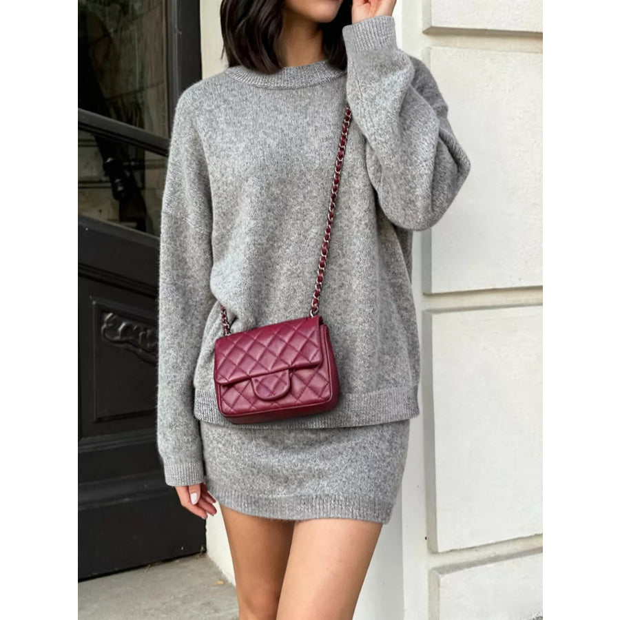 Plus Size Round Neck Long Sleeve Top and Skirt Sweater Set Apparel and Accessories