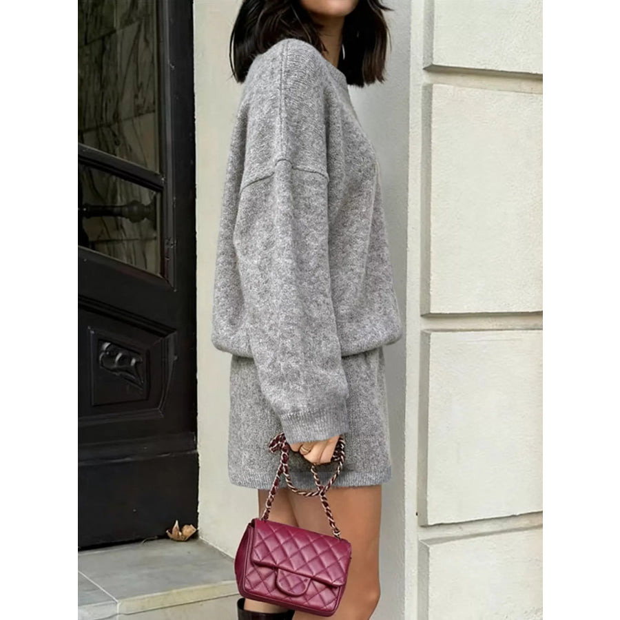 Plus Size Round Neck Long Sleeve Top and Skirt Sweater Set Apparel and Accessories