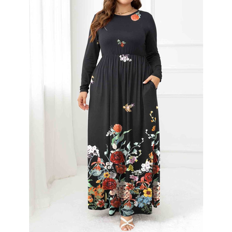 Plus Size Round Neck Maxi Dress with Pockets Floral / 0XL