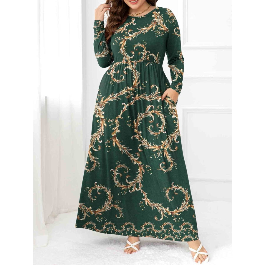 Plus Size Round Neck Maxi Dress with Pockets Green / 0XL