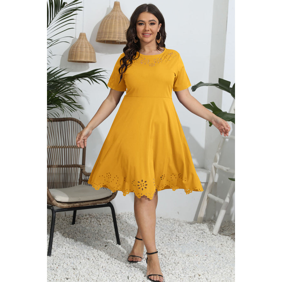 Plus Size Round Neck Openwork Dress Mustard / L Apparel and Accessories