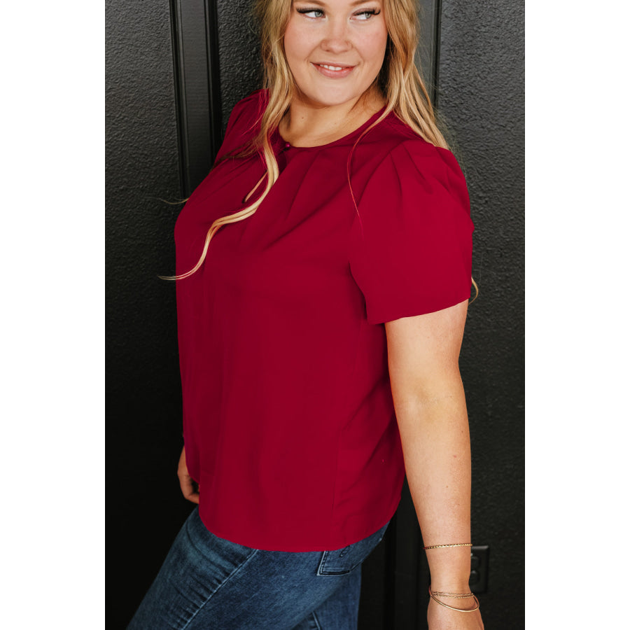 Plus Size Round Neck Short Sleeve Blouse Deep Red / 1XL Apparel and Accessories