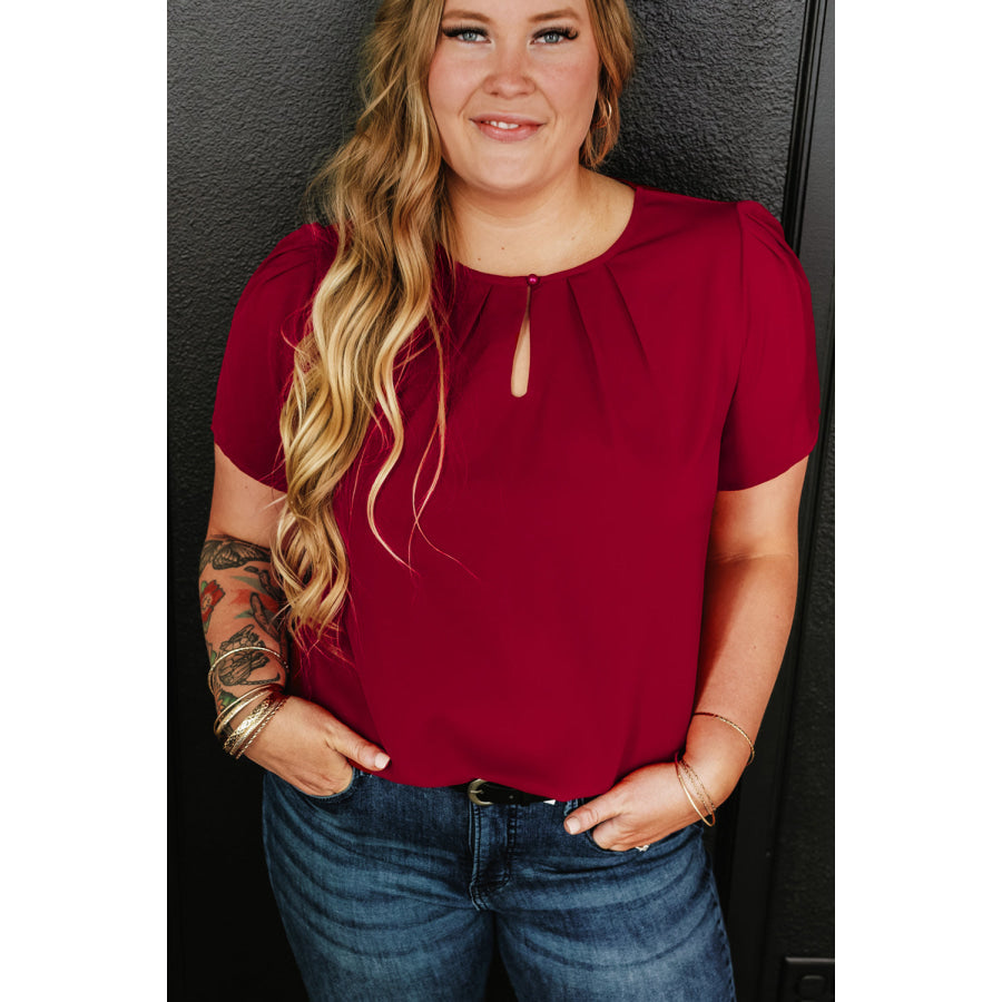 Plus Size Round Neck Short Sleeve Blouse Deep Red / 1XL Apparel and Accessories