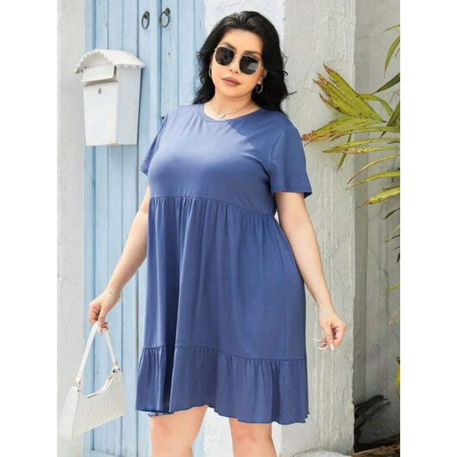 Plus Size Round Neck Short Sleeve Dress Dusty Blue / 1XL Apparel and Accessories