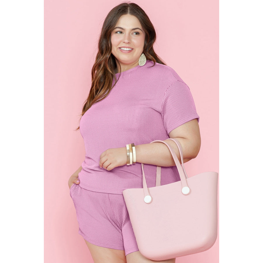 Plus Size Round Neck Short Sleeve Top and Shorts Set Apparel and Accessories